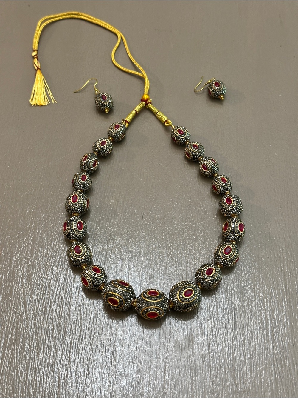 Indian Ethnic Bead Necklace Set Ruby Red Rhinestone Statement Earrings